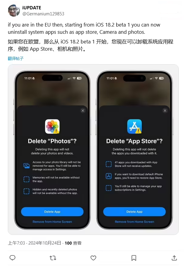 琅琊苹果手机维修分享iOS 18.2 支持删除 App Store 应用商店 