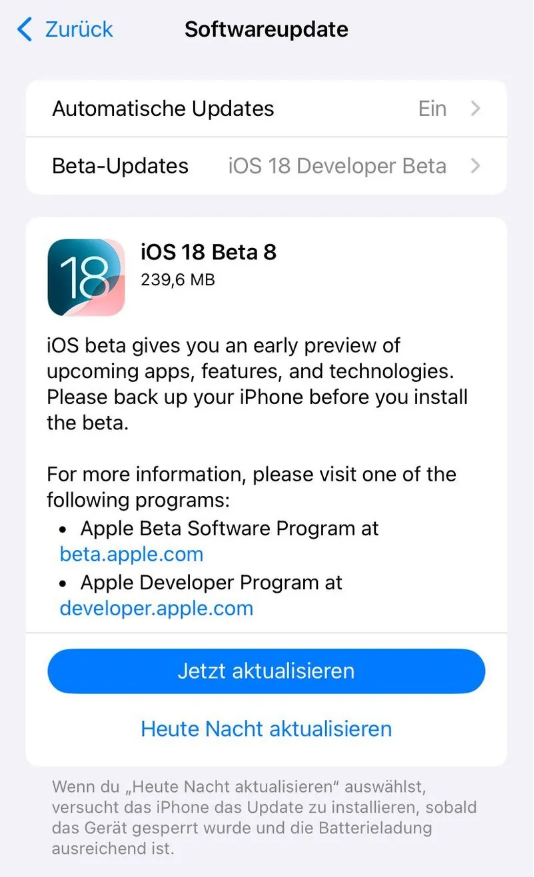 琅琊苹果手机维修分享苹果 iOS / iPadOS 18 开发者预览版 Beta 8 发布 